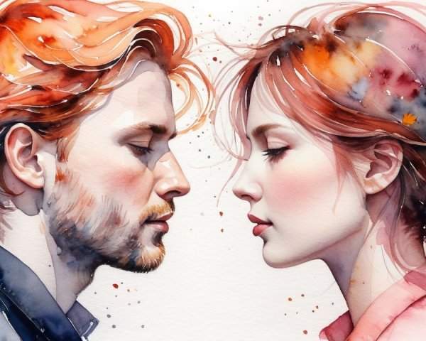 Watercolor Painting of Intimate Couple in Profile