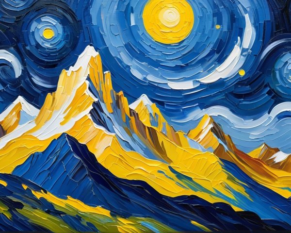 Vibrant Oil Painting of Mountains Under Night Sky