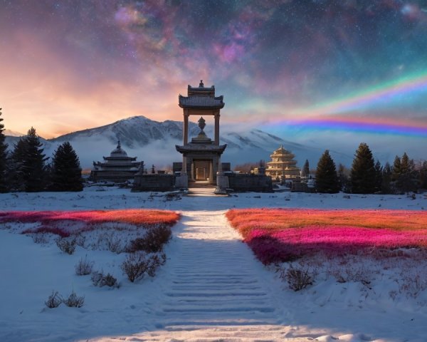 Serene temple landscape with flowers and mountains