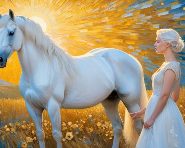 Woman in White Gown Touching White Horse at Sunset