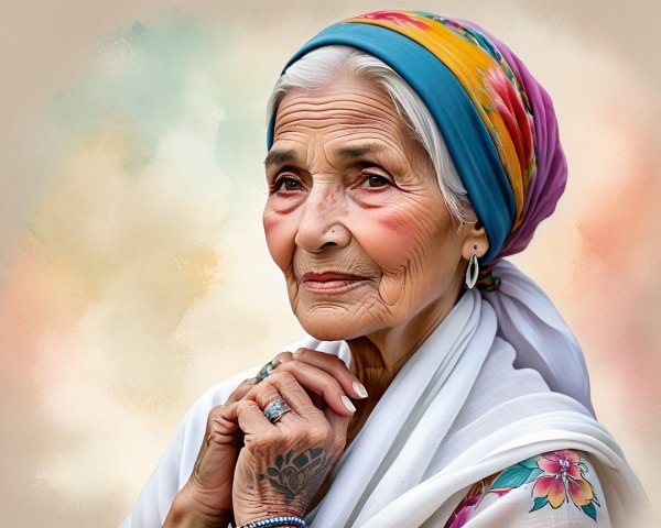 Elderly Woman with Headscarf and Intricate Jewelry