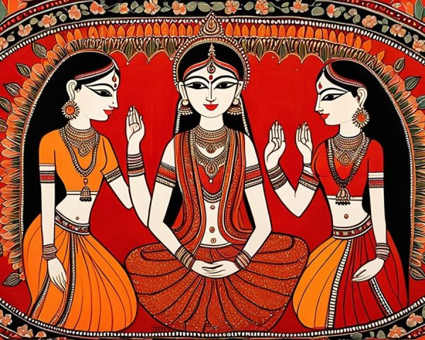 Traditional Artwork with Female Figures and Floral Patterns