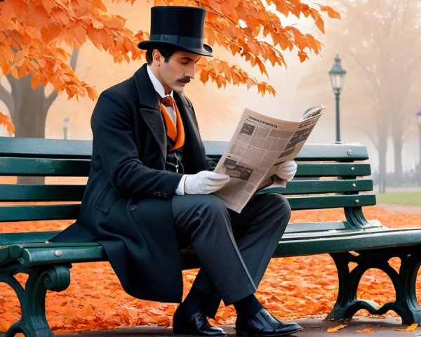 Vintage Man in Formal Attire Reading in Autumn Park