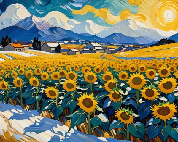 Neo-Cubist Village Scene with Sunflower Field and Mountains