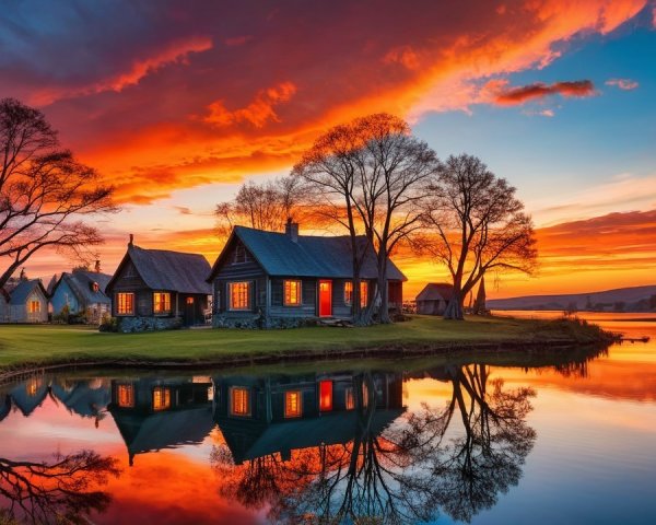 Sunset Over Charming Cottages and Serene Water