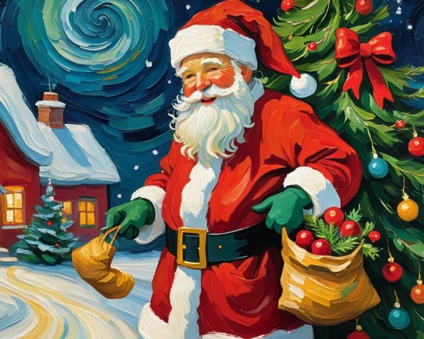 Santa Claus Next to a Decorated Christmas Tree