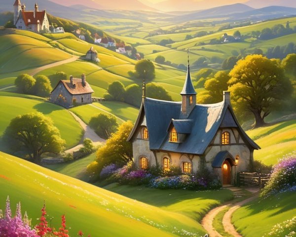 Picturesque Countryside Scene at Sunset with Cottage