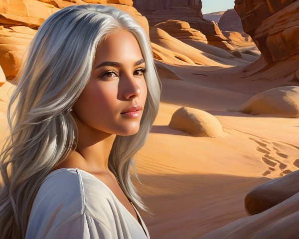 Desert Landscape with Young Woman and Rock Formations