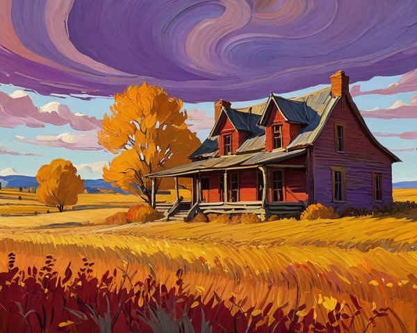 Rustic Red Farmhouse in Autumn Landscape Painting