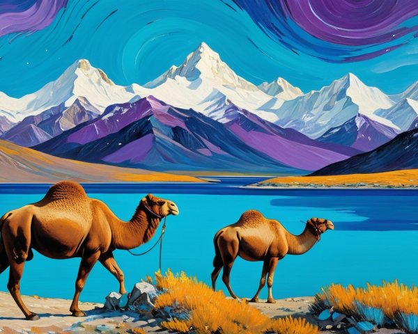 Vibrant High-Altitude Desert Landscape with Camels