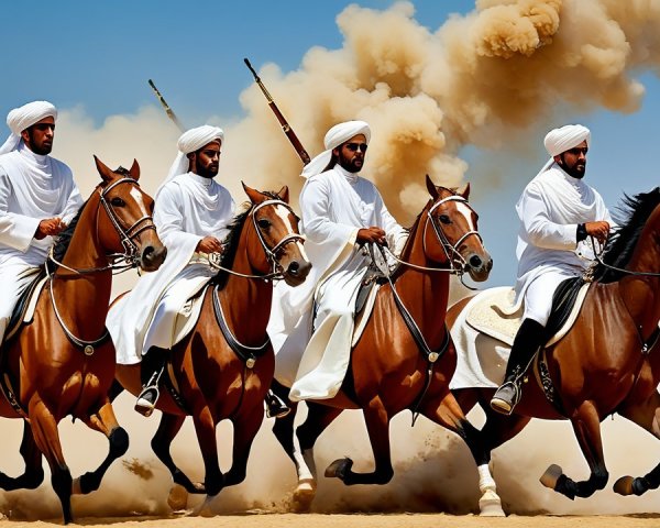Four Horsemen in White Attire Riding Brown Horses