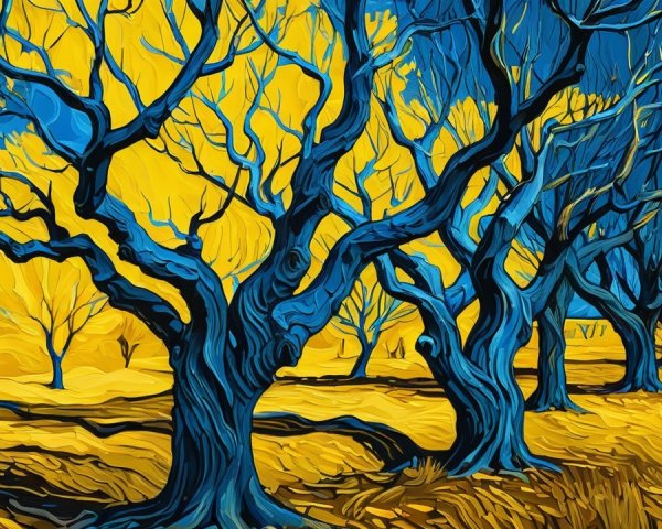 Blue Twisting Trees in Yellow Grass Landscape Painting