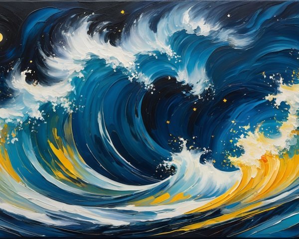 Vibrant Ocean Scene with Tumultuous Waves and Moon