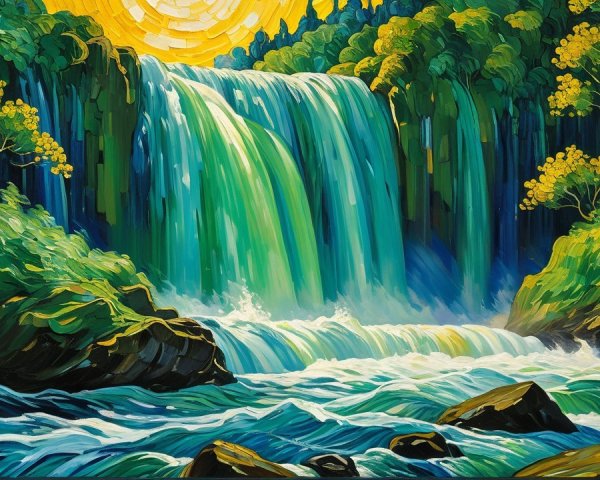 Impressionist Painting of a Waterfall and Sunlight