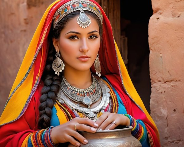 Young Woman in Traditional Attire with Decorative Pot