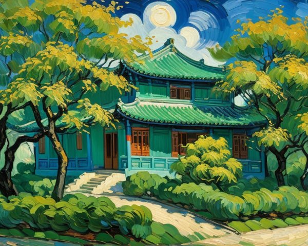 Vibrant Oil Painting of Chinese-Inspired Building
