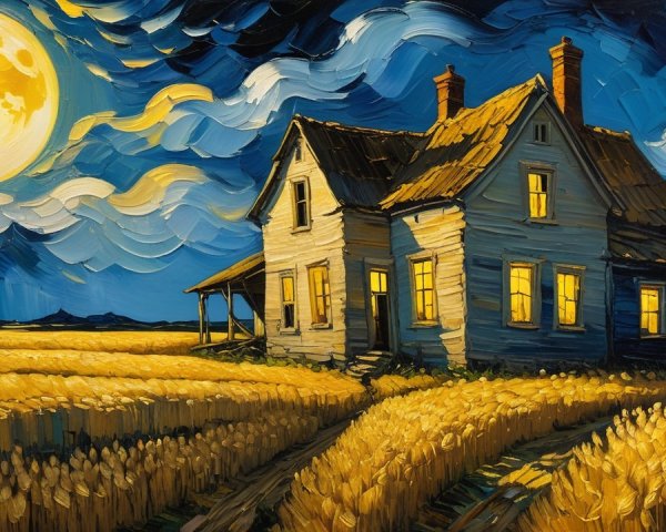 Lonely farmhouse in golden field under full moon