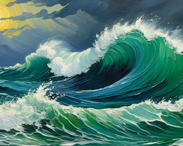 HDR Oil Painting of Ocean Waves and Stormy Sky