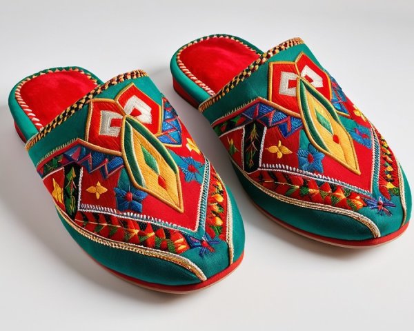 Traditional Embroidered Slippers with Turquoise Fabric
