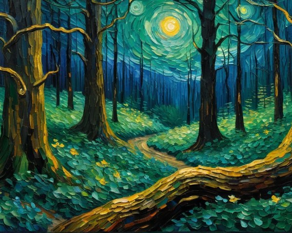 Vibrant Forest Scene with Twisted Trees and Flowers