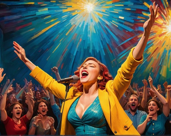 Vibrant Performance Scene with Colorful Lights and Crowd