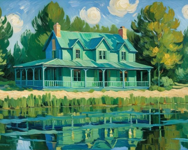 Rustic Green House by Water in Impressionistic Style