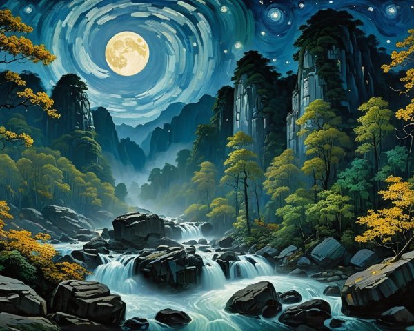 Vibrant Nocturnal Mountain Landscape with Waterfalls