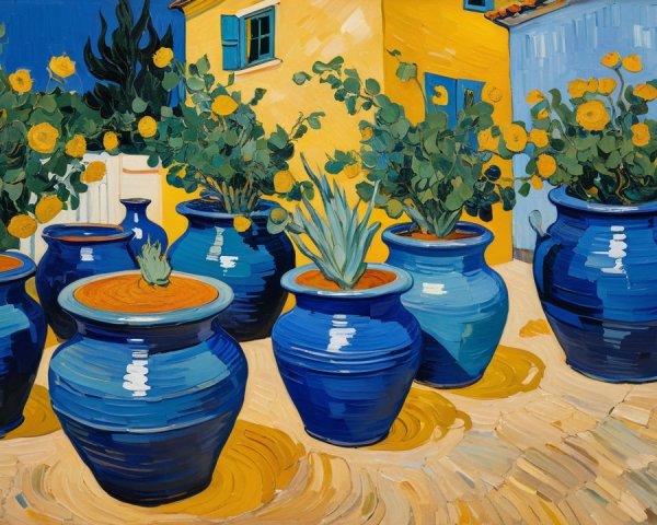 Blue Clay Pots with Plants and Yellow Building