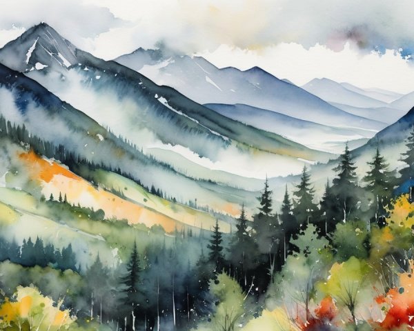 Watercolor Landscape of Misty Mountains and Autumn Foliage
