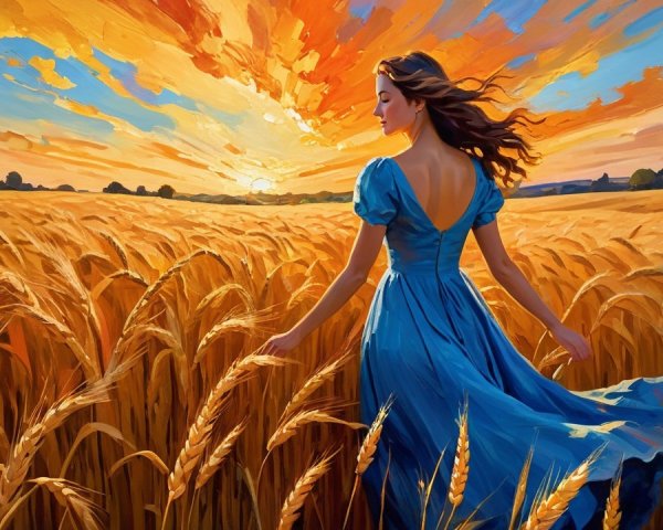Young Woman in Blue Dress in Golden Wheat Field
