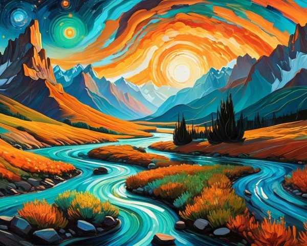 Vibrant Landscape with River and Majestic Mountains