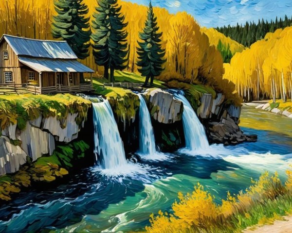 Oil Painting of Cabin by Waterfalls and Cliff