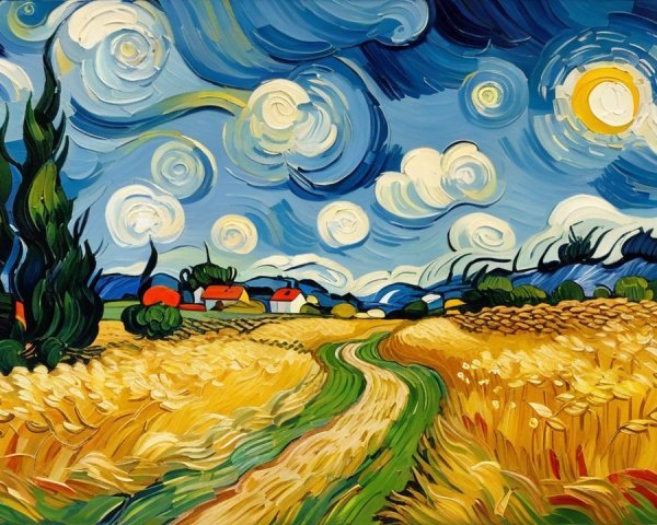 Impressionistic Oil Painting of Wheat Field and Sky