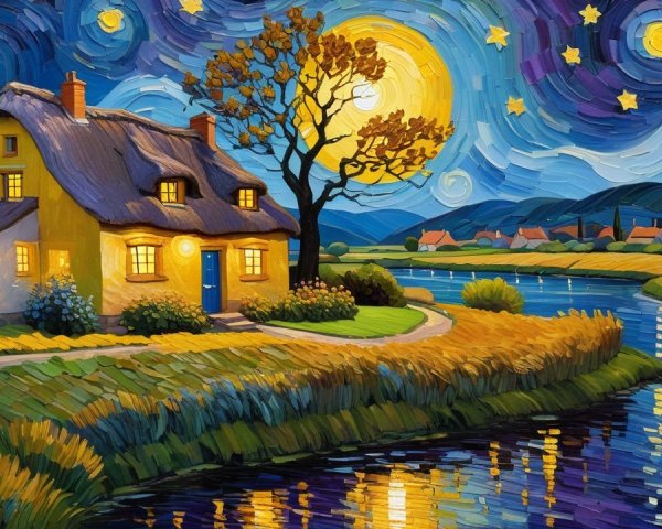 Impressionistic Landscape with Cottage and Night Sky