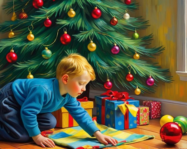 Young Boy Kneeling by Christmas Tree and Presents