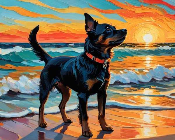 Vibrant Sunset Over Ocean with Dog on Beach