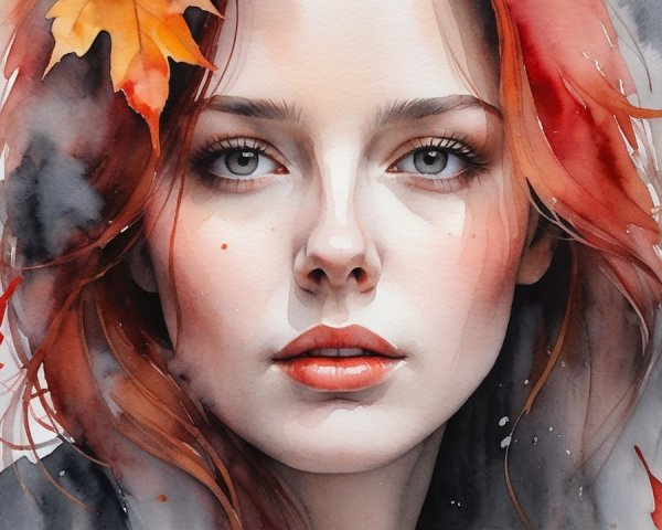 Watercolor Portrait of Young Woman with Autumn Leaves