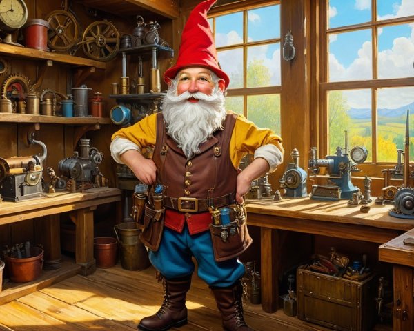 Cheerful gnome in a vintage tool workshop setting