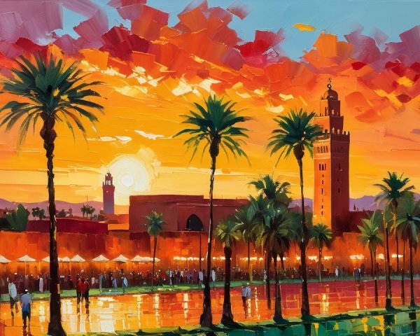 Vibrant Sunset Over Bustling Market with Palm Trees
