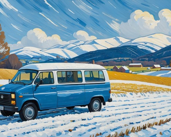 Blue Vintage Van in Snowy Rural Landscape