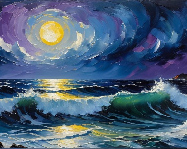 Vibrant Seascape with Full Moon and Turbulent Waves