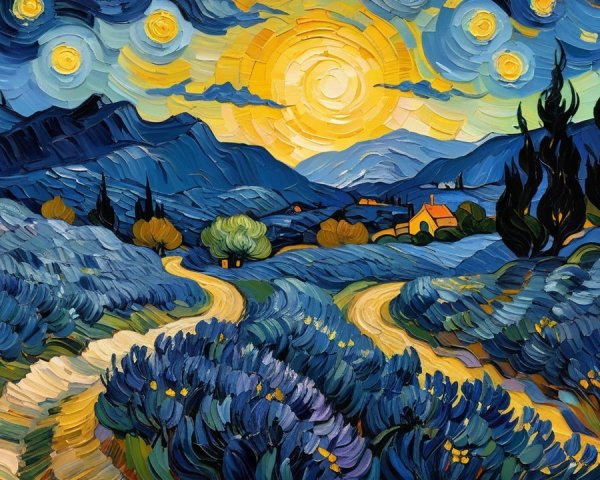 Vibrant Landscape with Hills, Lavender Fields, and Sky