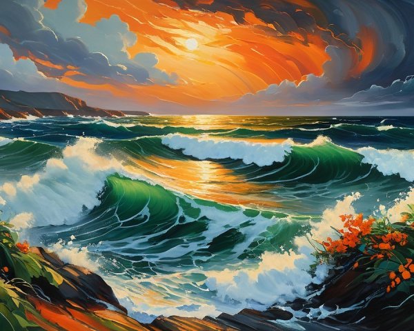 Vibrant Coastal Sunset with Dramatic Ocean Waves