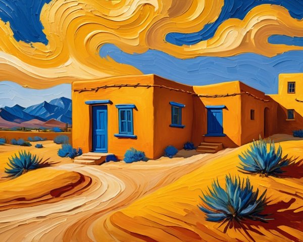 Vibrant Desert Landscape with Adobe Houses and Mountains