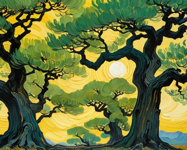 Pine Trees with Gnarled Trunks and Green Foliage