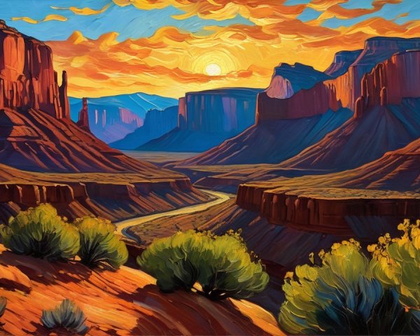 Canyon Landscape with Sunset Hues and River Reflection
