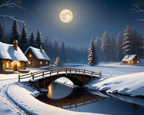 Serene Winter Landscape with Cozy Cottages and Moonlight