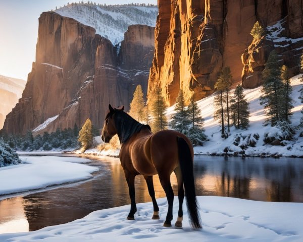 Majestic Brown Horse by Snowy Riverbank at Dawn