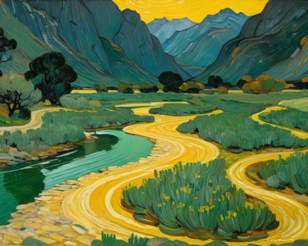 Stylized Linocut Painting of a Mountain Valley Scene