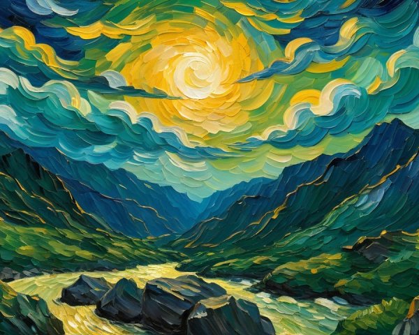 Vibrant Landscape with Swirling Clouds and River